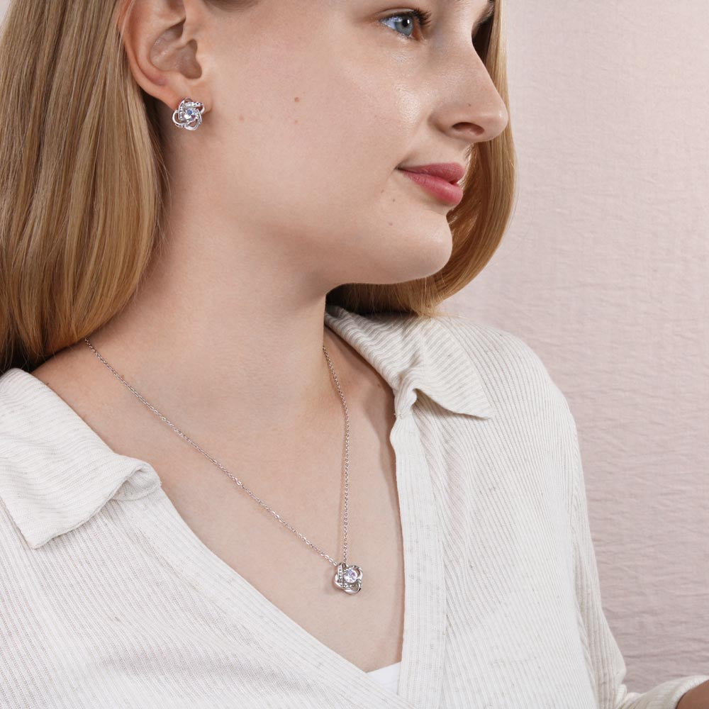 TO MY SISTER SQUEEZED LOVE KNOT NECKLACE AND EARRINGS SET
