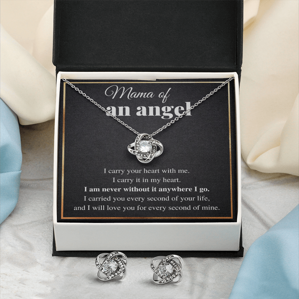 MAMA OF AN ANGEL LOVE KNOT NECKLACE AND EARRINGS GIFT SET