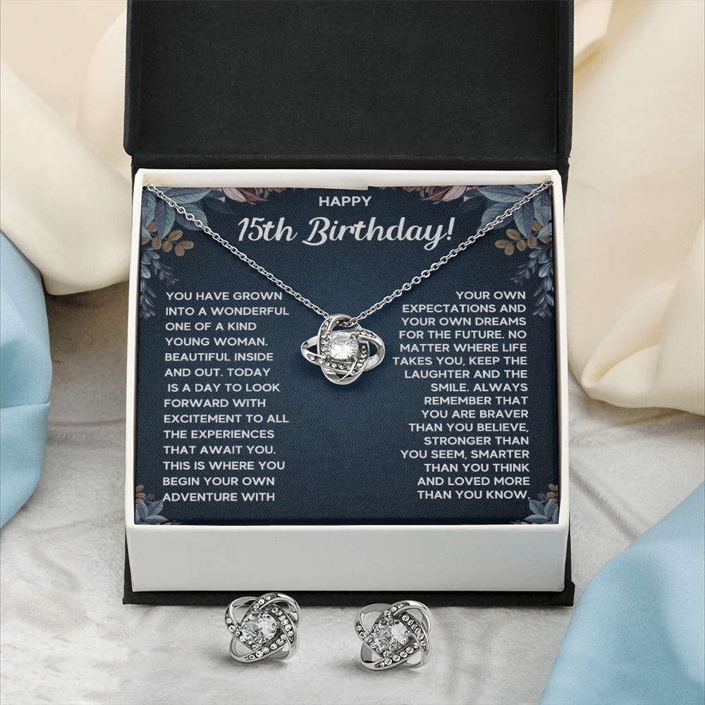 HAPPY 15TH BIRTHDAY DREAMS LOVE KNOT NECKLACE AND EARRINGS SET