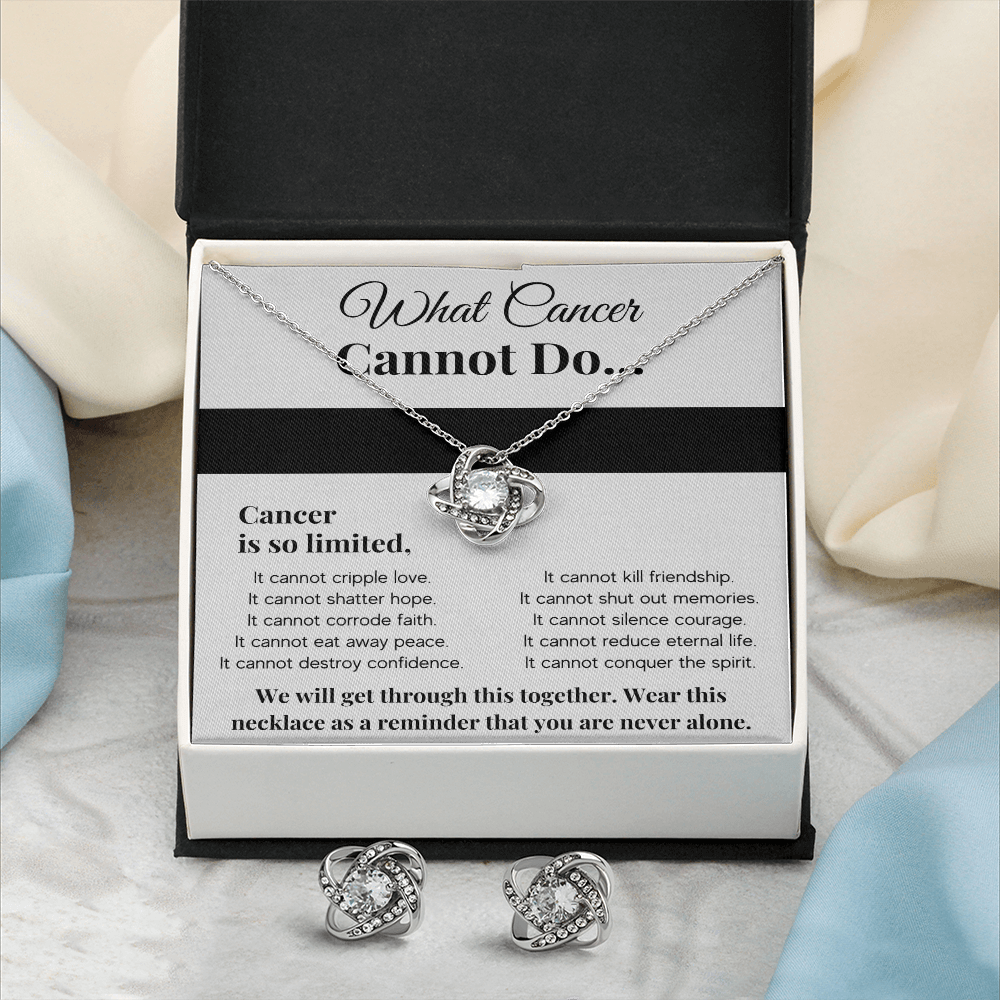 WHAT CANCER CANNOT DO LOVE KNOT NECKLACE AND EARRINGS