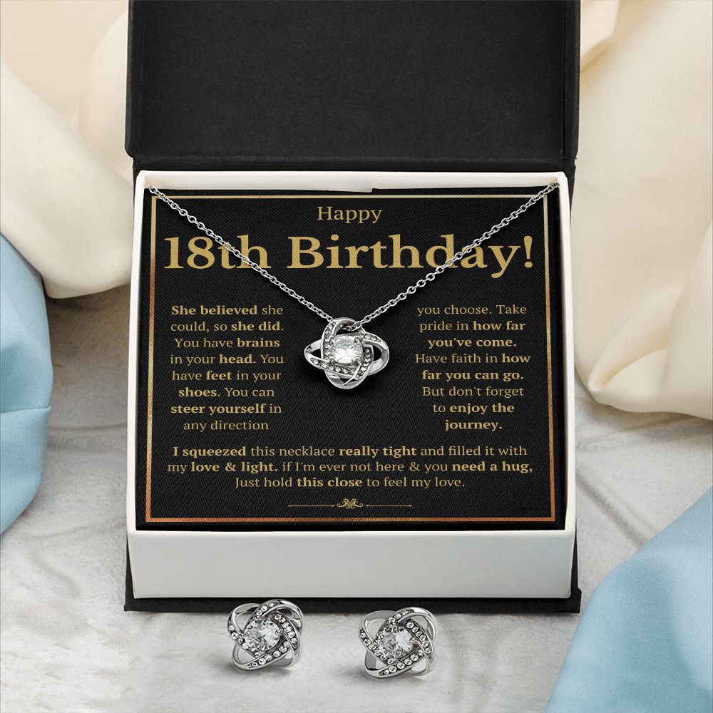 18TH BIRTHDAY SQUEEZED LOVE KNOT NECKLACE AND EARRINGS SET