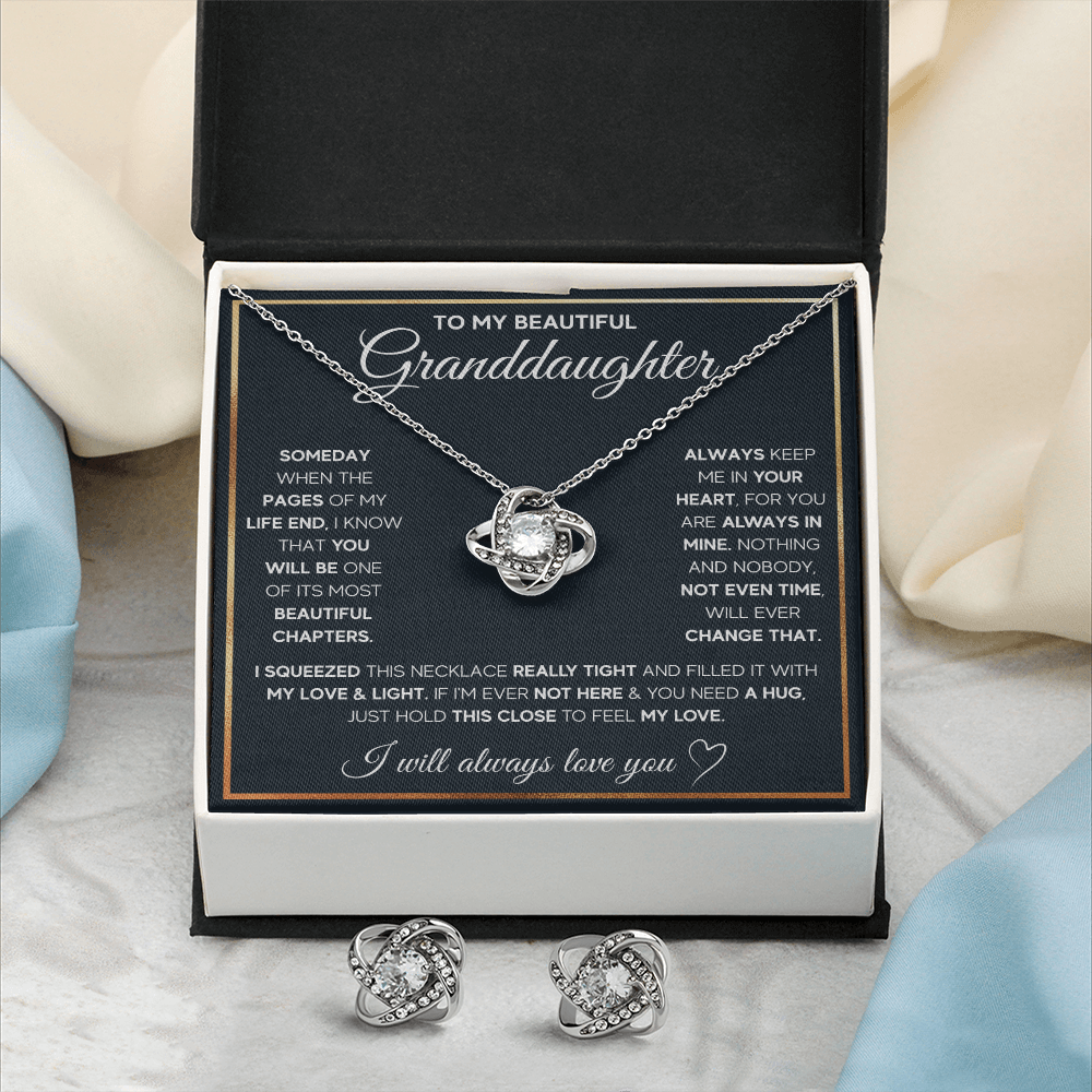 TO MY GRANDDAUGHTER SQUEEZED LOVE KNOT NECKLACE AND EARRINGS