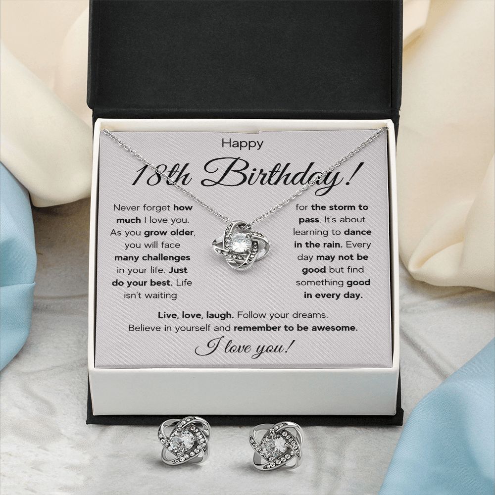 18TH BIRTHDAY STORM LOVE KNOT NECKLACE AND EARRINGS SET