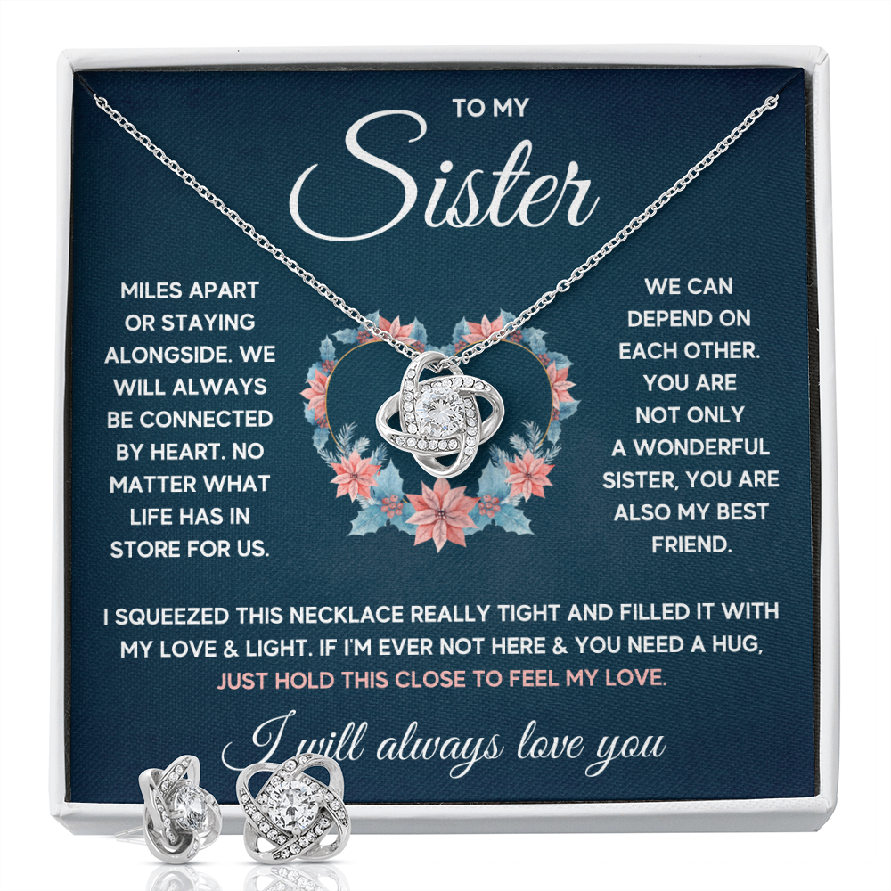 TO MY SISTER SQUEEZED LOVE KNOT NECKLACE AND EARRINGS SET