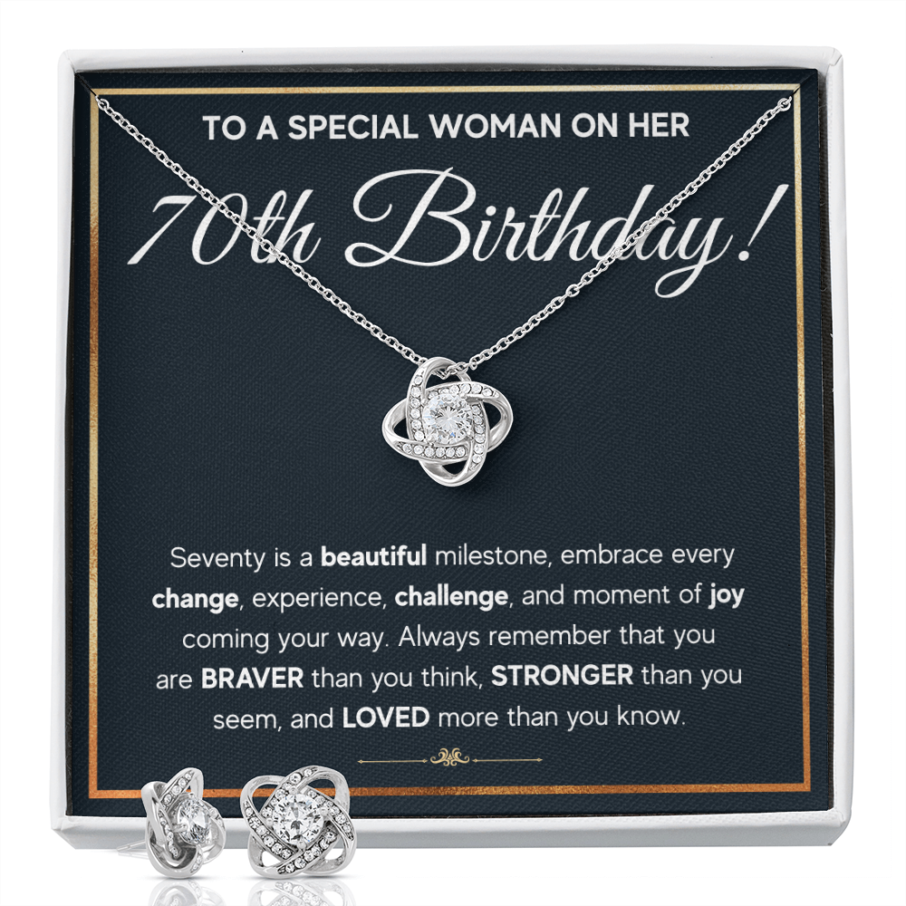 70TH BIRTHDAY MILESTONE LOVE KNOT NECKLACE AND EARRINGS SET