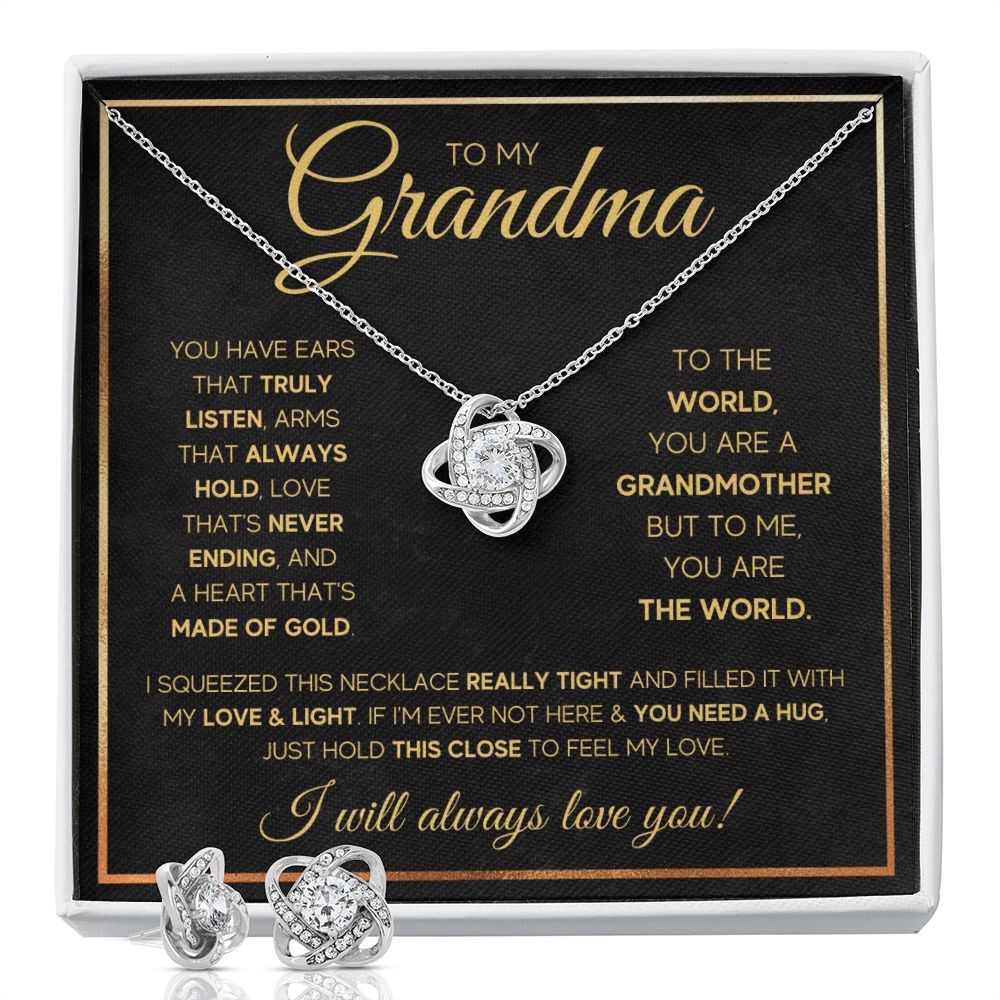 TO MY GRANDMA NEVER ENDING GOLD LOVE KNOT EARRING NECKLACE GIFT SET