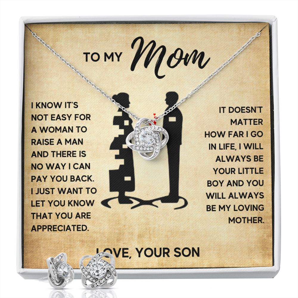 TO MY MOM LITTLE BOY LOVE KNOT NECKLACE AND EARRINGS SET