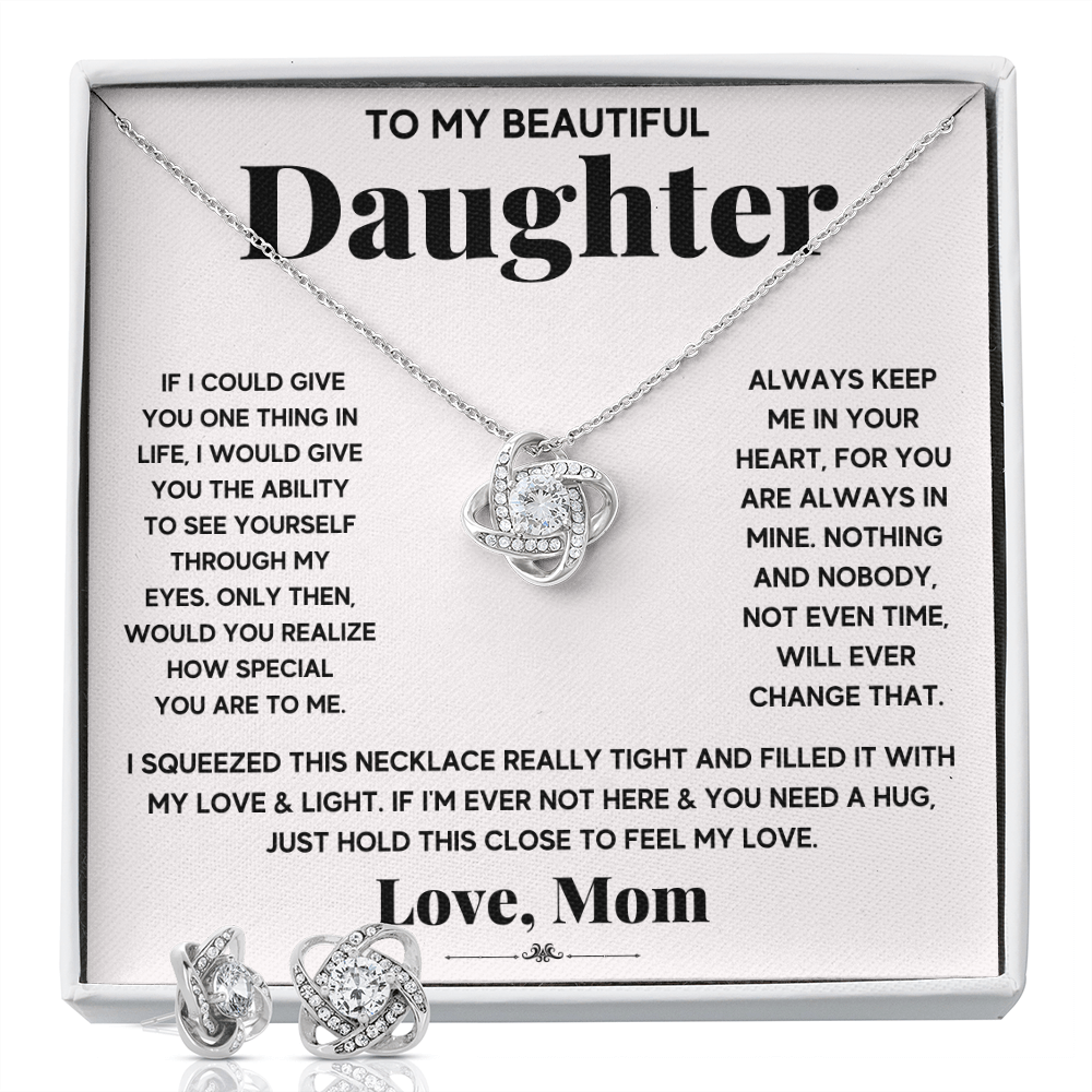 TO MY BEAUTIFUL DAUGHTER LOVE KNOT NECKLACE AND EARRINGS SET