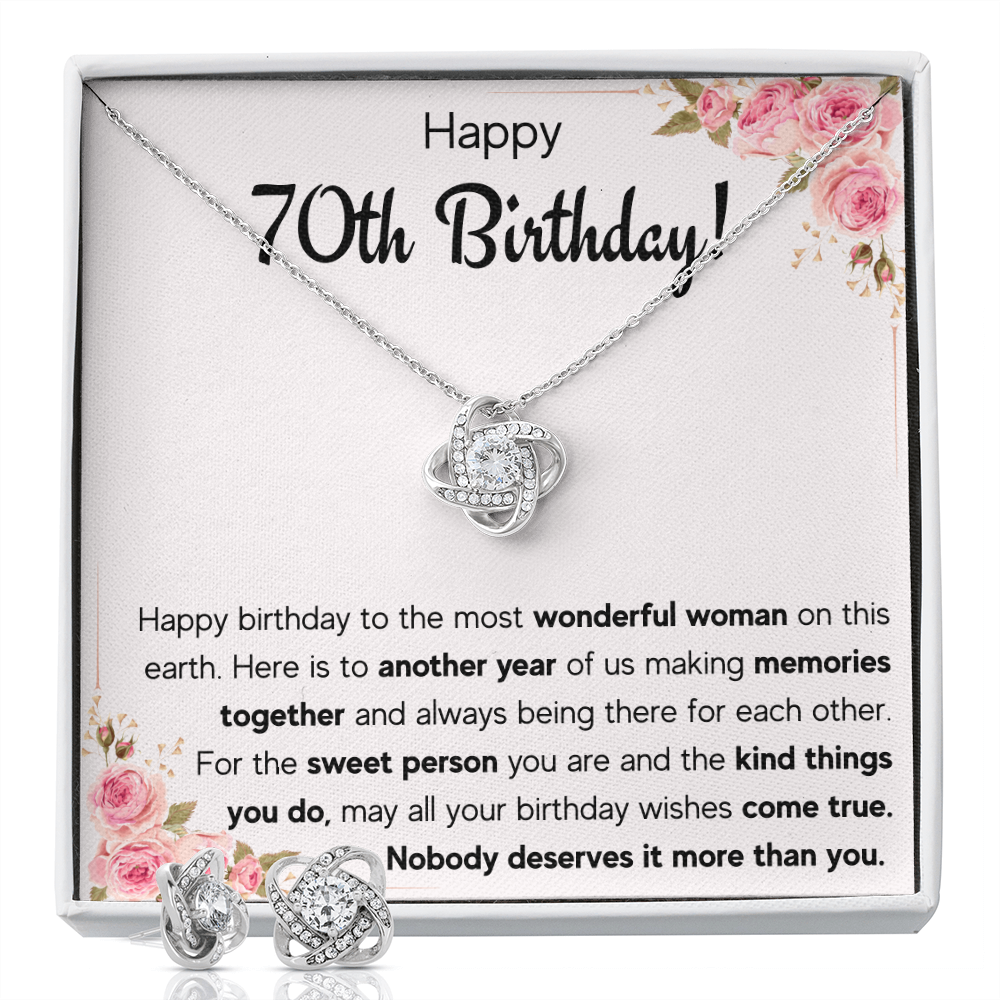70TH BIRTHDAY MEMORIES LOVE KNOT NECKLACE AND EARRINGS SET