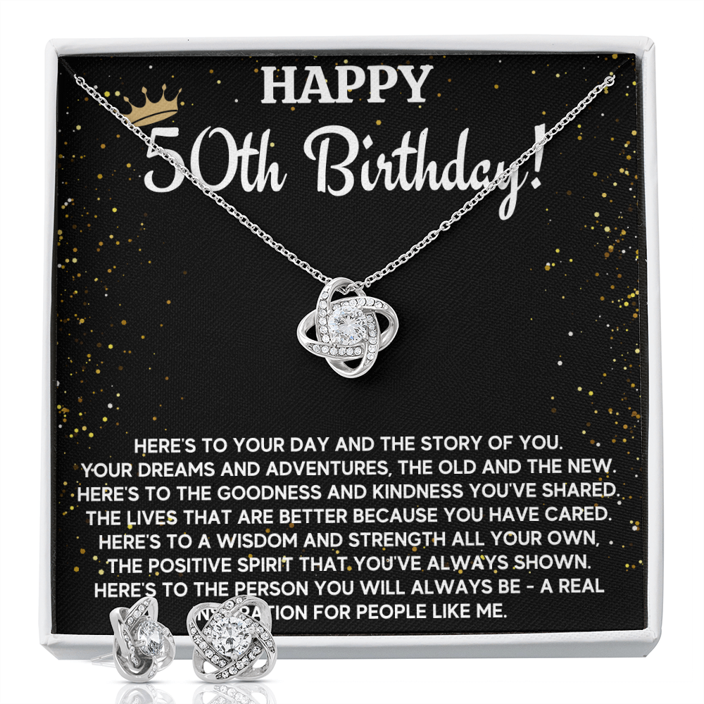 50TH BIRTHDAY WISDOM LOVE KNOT NECKLACE AND EARRINGS SET