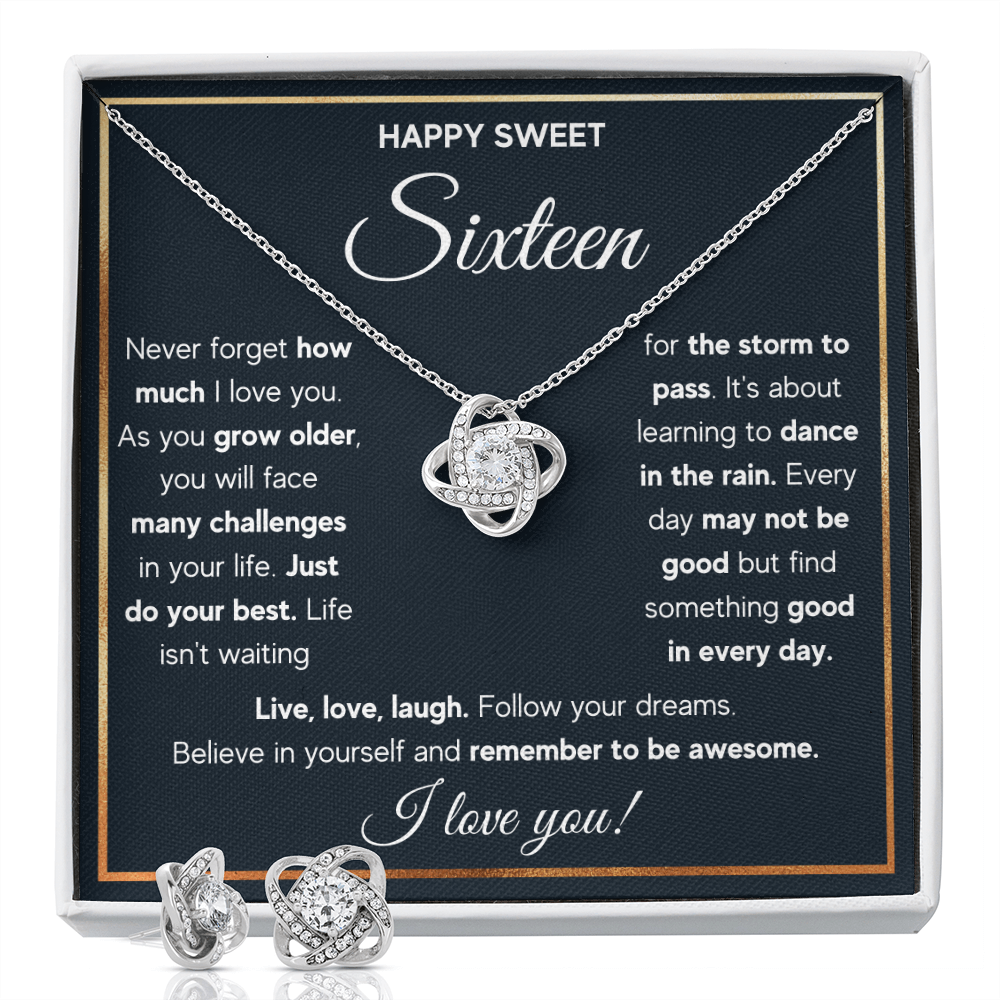 HAPPY SWEET SIXTEEN RAIN LOVE KNOT NECKLACE AND EARRINGS SET