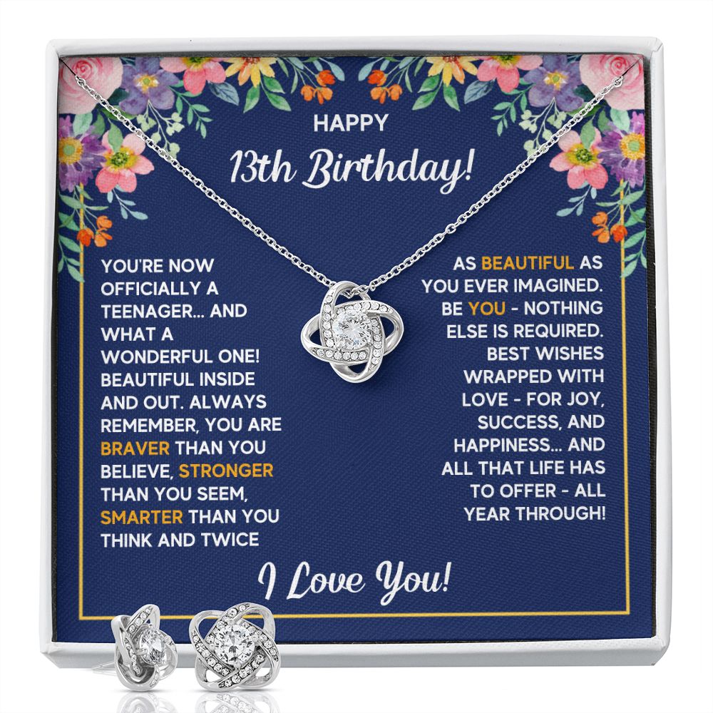 13TH BIRTHDAY WRAPPED LOVE KNOT NECKLACE AND EARRINGS SET