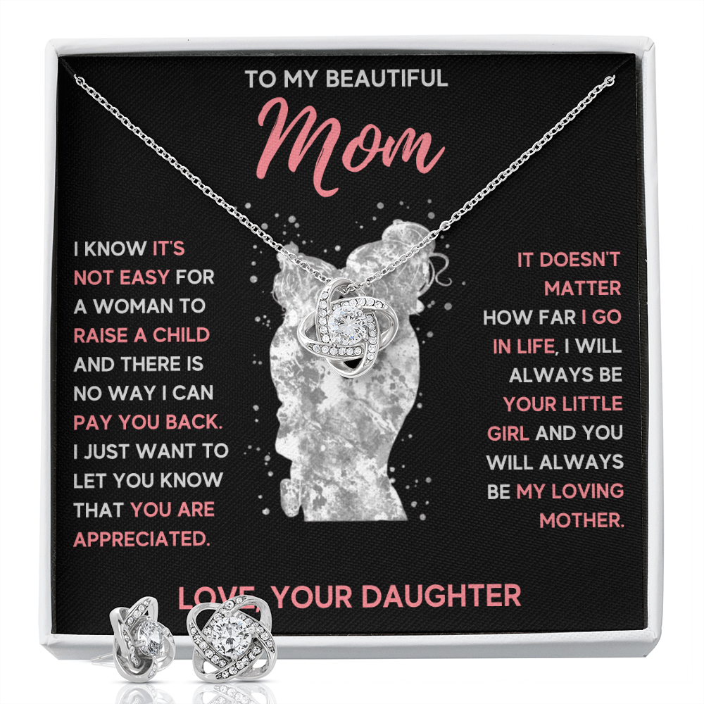 TO MY MOM LITTLE GIRL LOVE KNOT NECKLACE AND EARRINGS SET