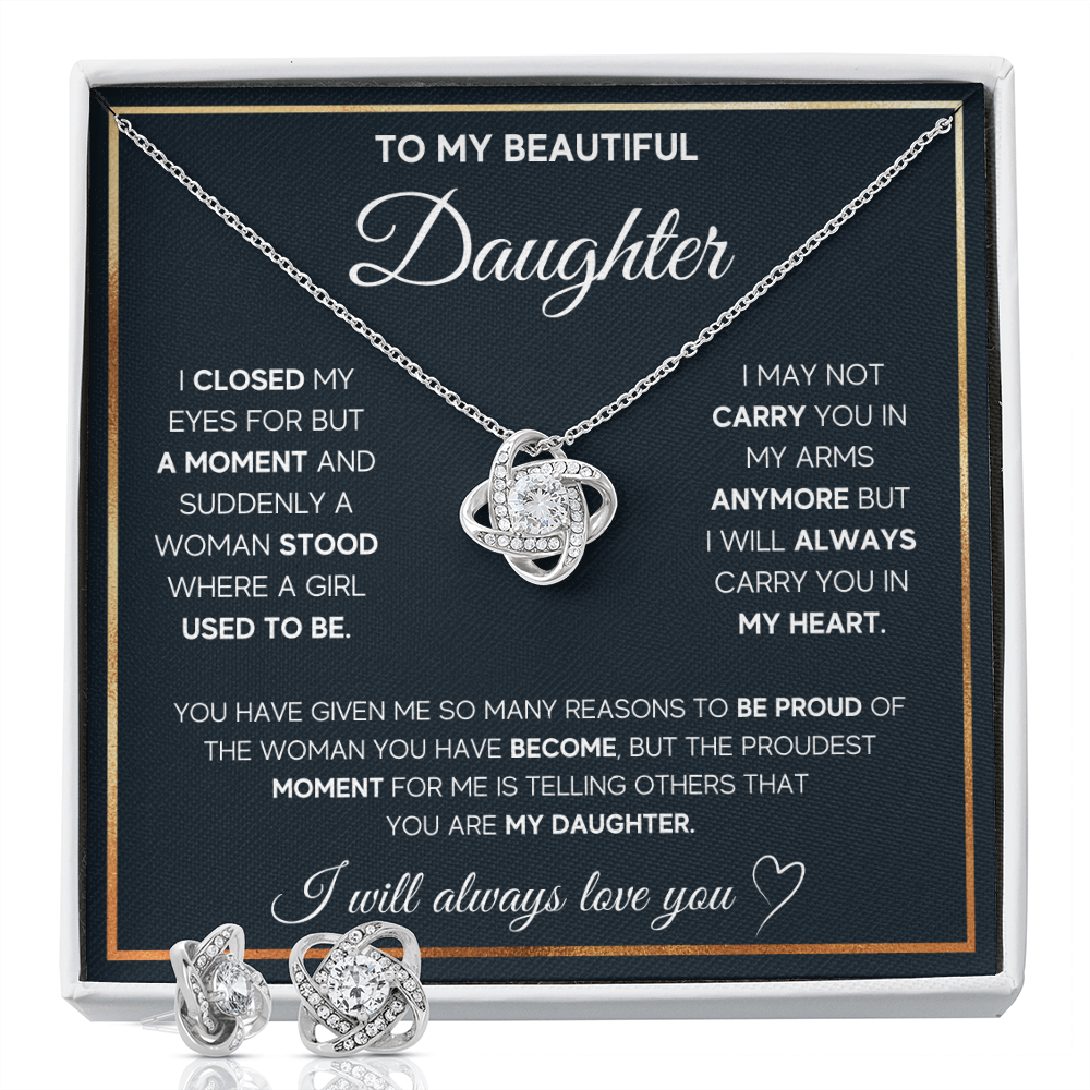TO MY DAUGHTER PROUD LOVE KNOT NECKLACE AND EARRINGS SET