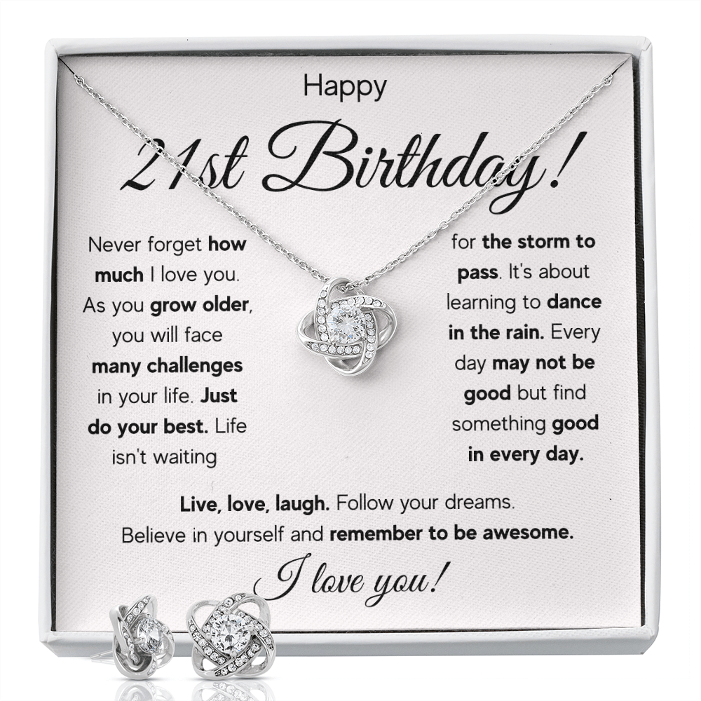 21ST BIRTHDAY RAIN LOVE KNOT NECKLACE AND EARRINGS SET
