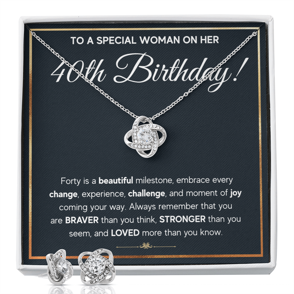 40TH BIRTHDAY MILESTONE LOVE KNOT NECKLACE AND EARRINGS SET