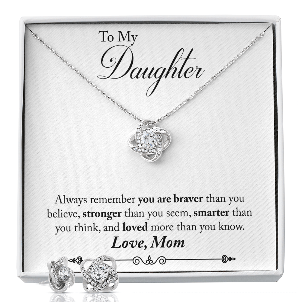 TO MY DAUGHTER BRAVER LOVE KNOT NECKLACE AND EARRINGS SET