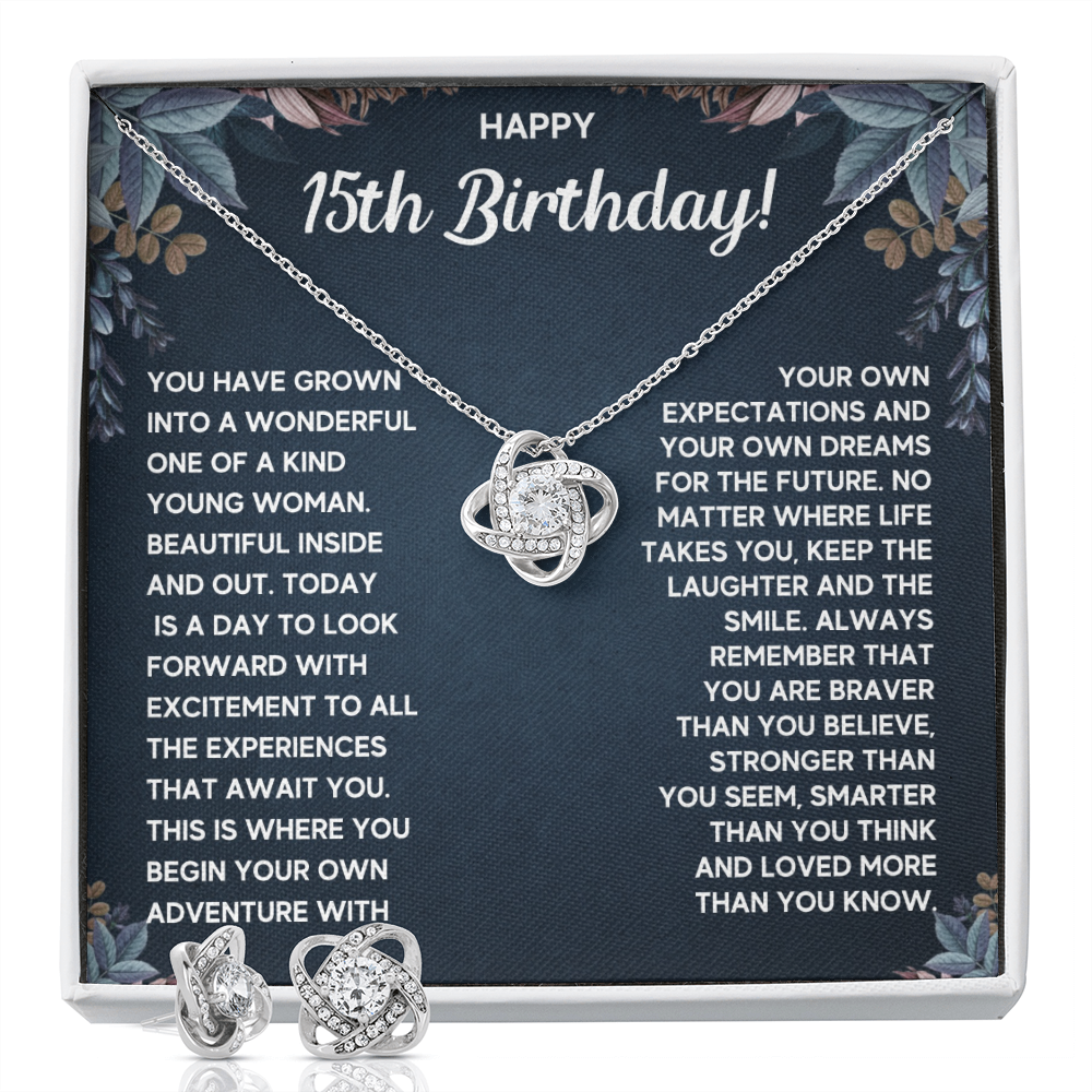 HAPPY 15TH BIRTHDAY DREAMS LOVE KNOT NECKLACE AND EARRINGS SET