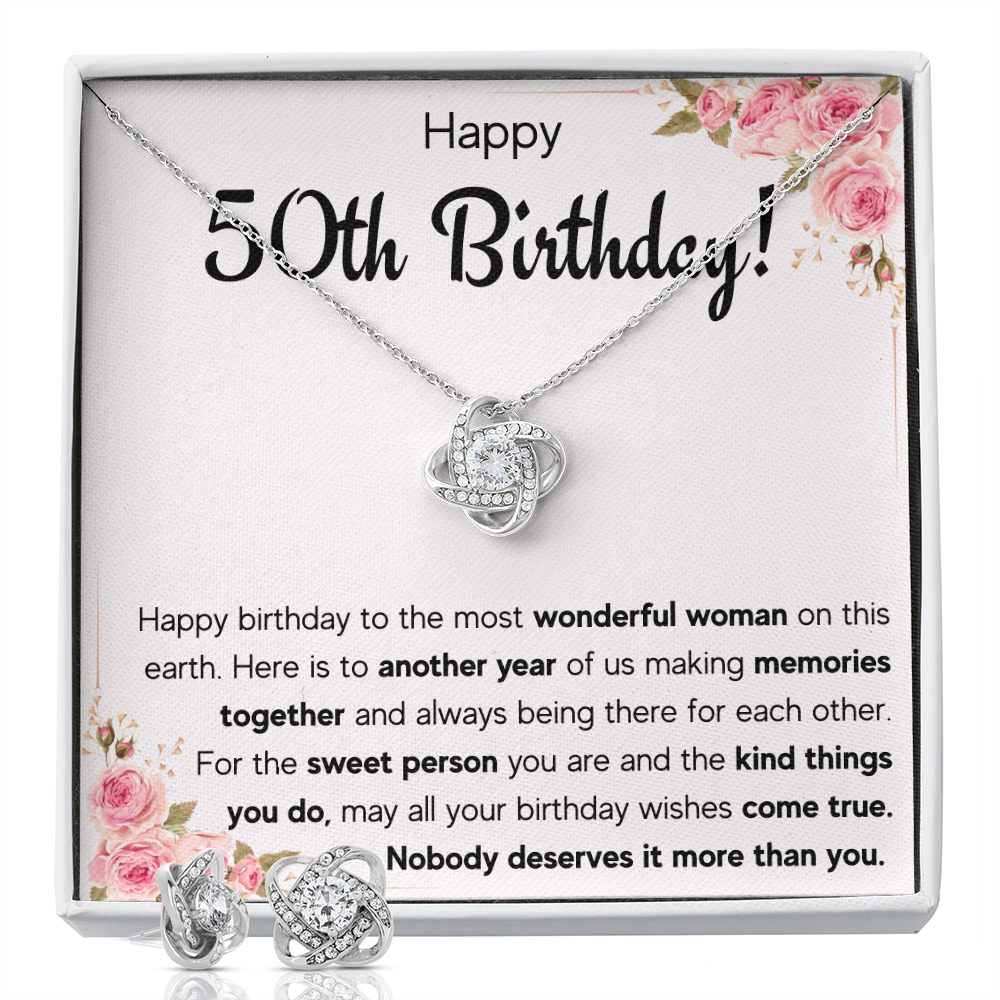 50TH BIRTHDAY MEMORIES LOVE KNOT NECKLACE AND EARRINGS SET
