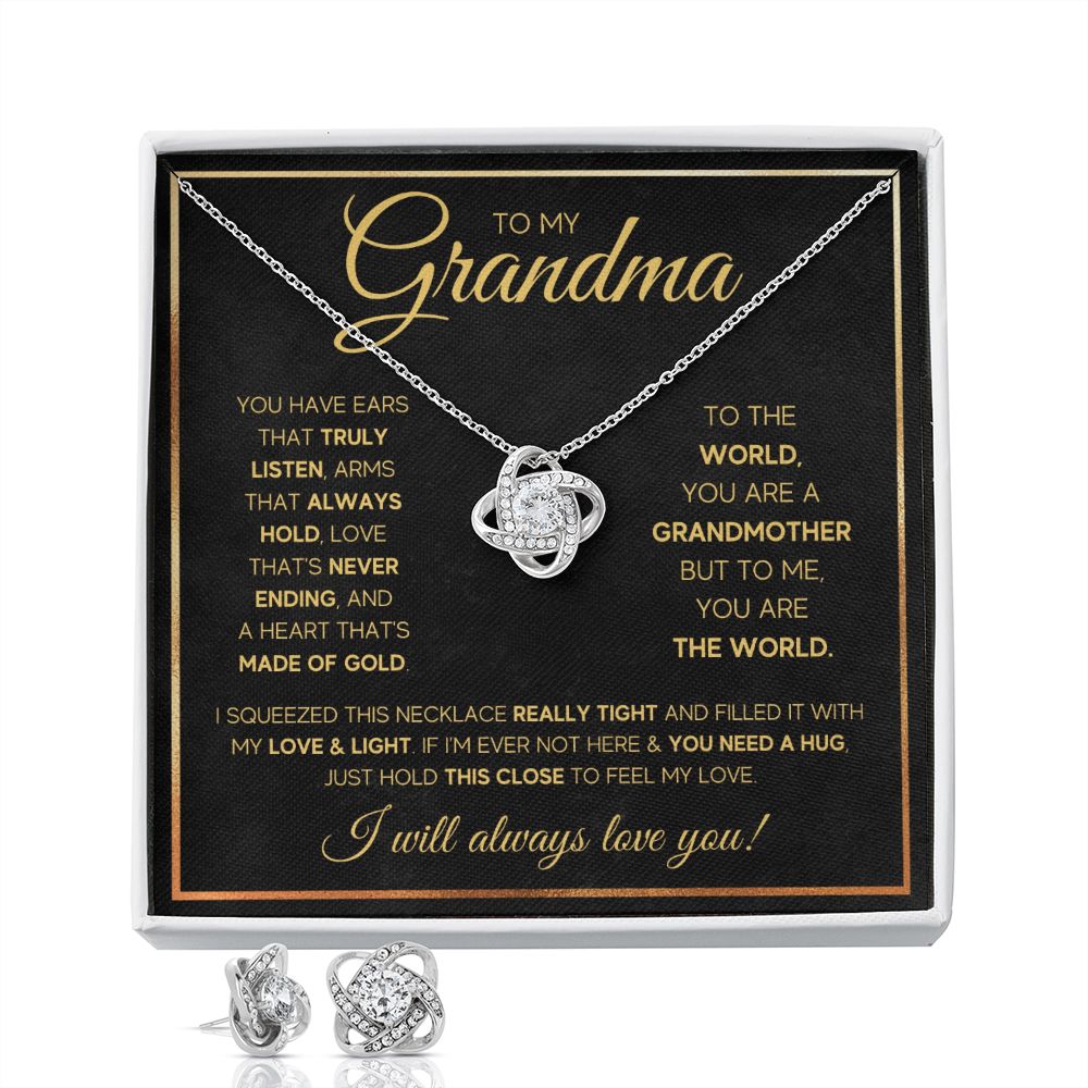TO MY GRANDMA NEVER ENDING GOLD LOVE KNOT EARRING NECKLACE GIFT SET