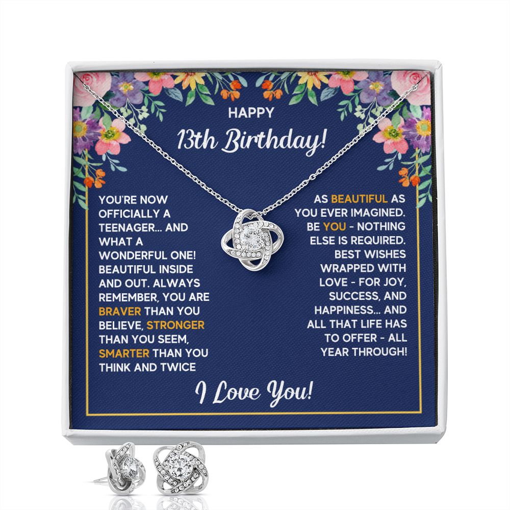 13TH BIRTHDAY WRAPPED LOVE KNOT NECKLACE AND EARRINGS SET