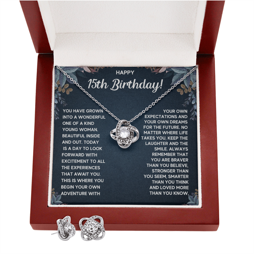 HAPPY 15TH BIRTHDAY DREAMS LOVE KNOT NECKLACE AND EARRINGS SET