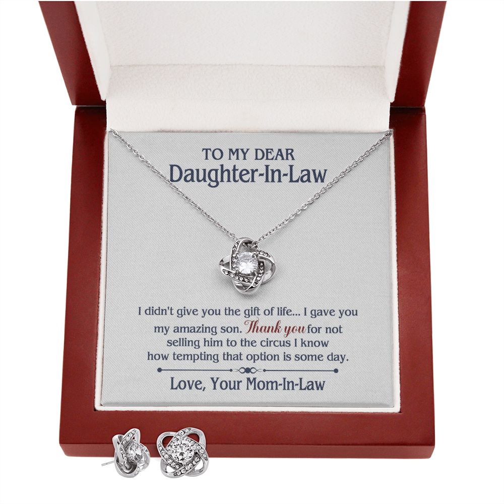 TO MY DAUGHTER IN LAW CIRCUS LOVE KNOT EARRING NECKLACE GIFT SET