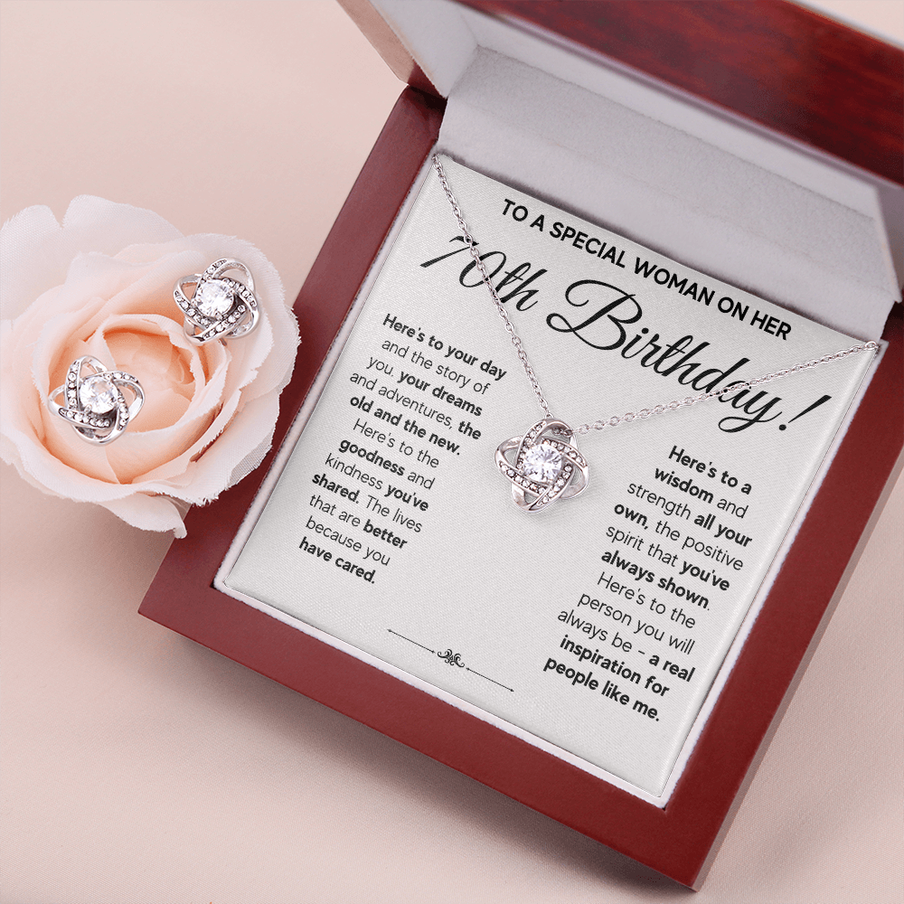 70TH BIRTHDAY WISDOM LOVE KNOT NECKLACE AND EARRINGS SET