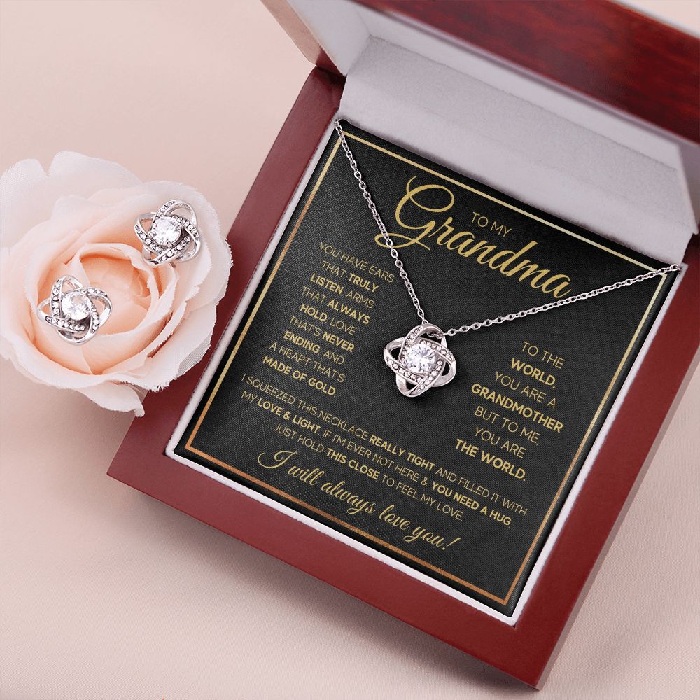 TO MY GRANDMA NEVER ENDING GOLD LOVE KNOT EARRING NECKLACE GIFT SET