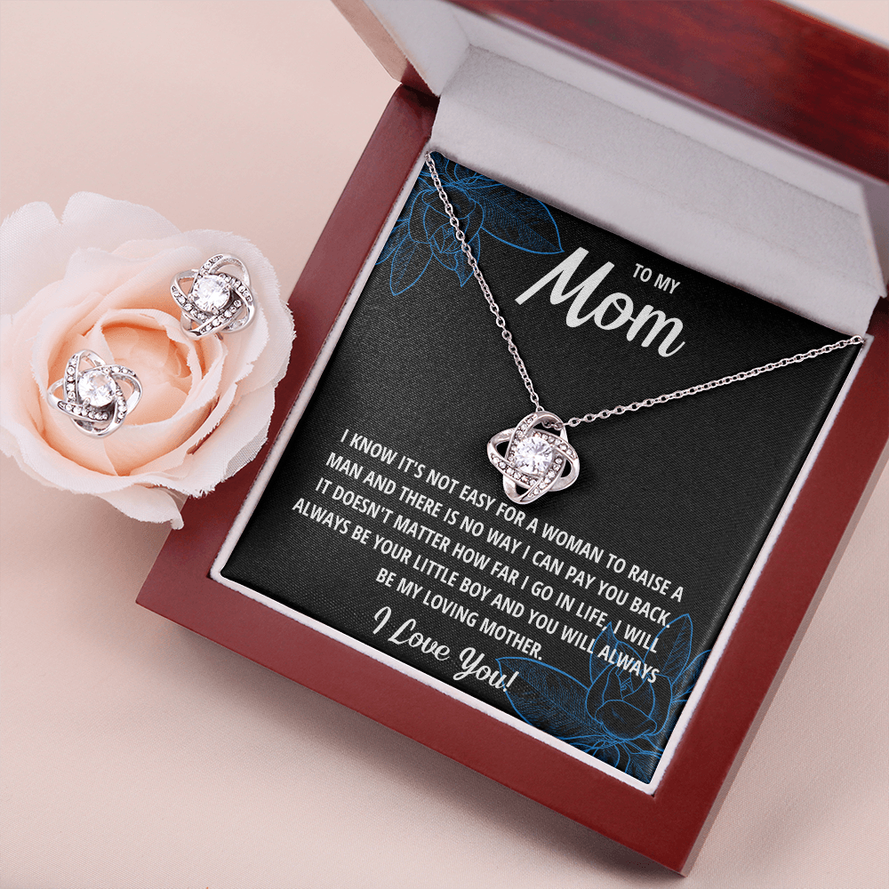 TO MY MOM LITTLE BOY BLACK LOVE KNOT NECKLACE AND EARRINGS SET