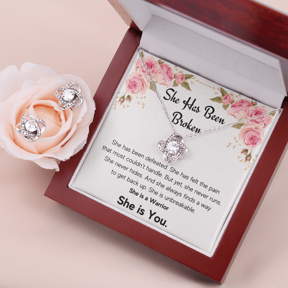 ENCOURAGEMENT SHE IS YOU LOVE KNOT NECKLACE AND EARRINGS SET