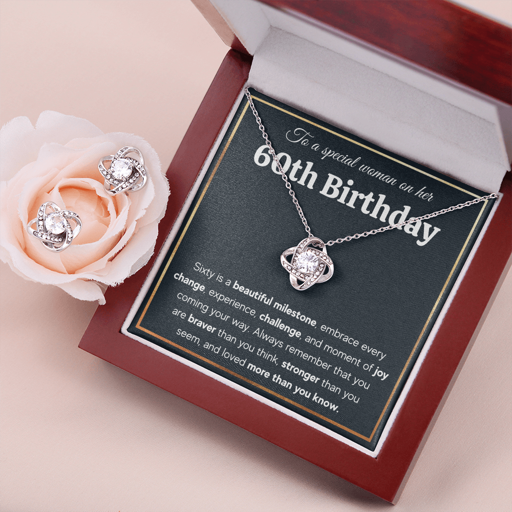 60TH BIRTHDAY MILESTONE LOVE KNOT NECKLACE AND EARRINGS SET