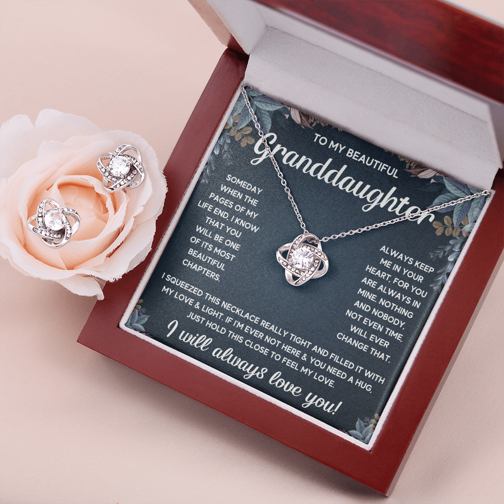 TO MY GRANDDAUGHTER SQUEEZED LOVE KNOT NECKLACE AND EARRINGS SET