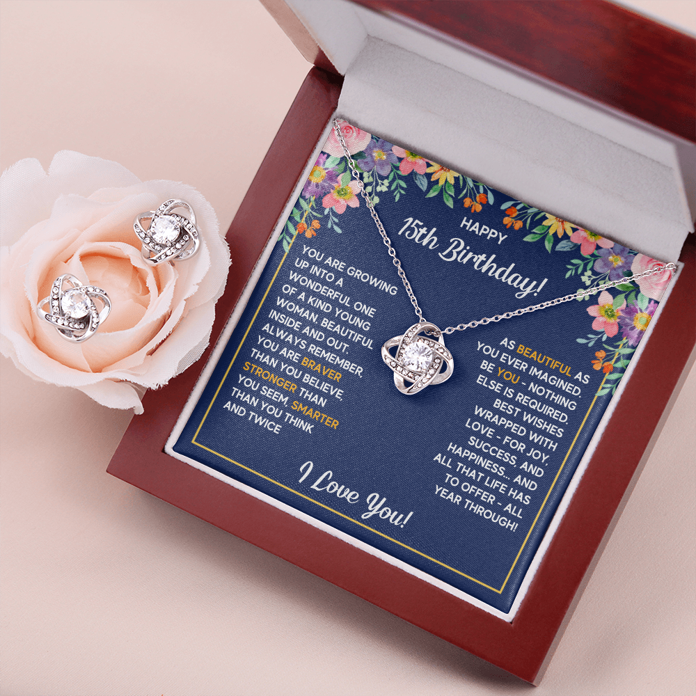 HAPPY 15TH BIRTHDAY WRAPPED LOVE KNOT NECKLACE AND EARRINGS SET