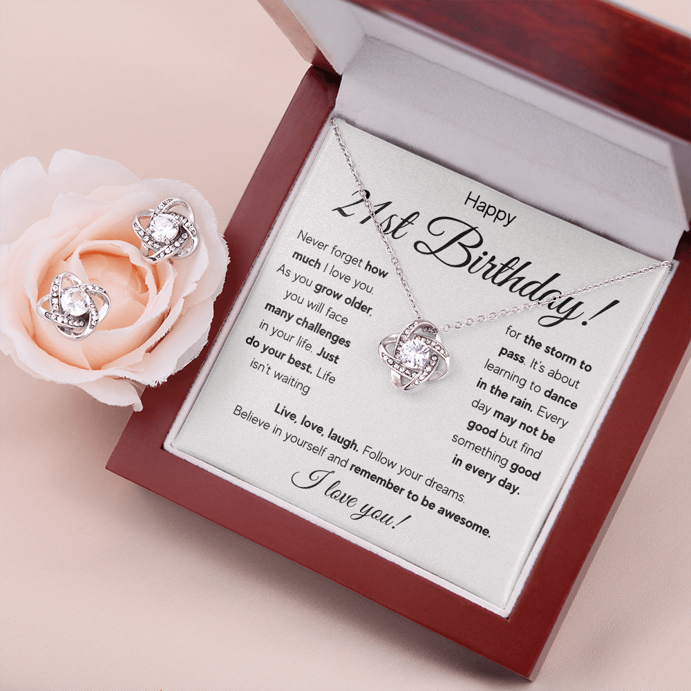 21ST BIRTHDAY RAIN LOVE KNOT NECKLACE AND EARRINGS SET