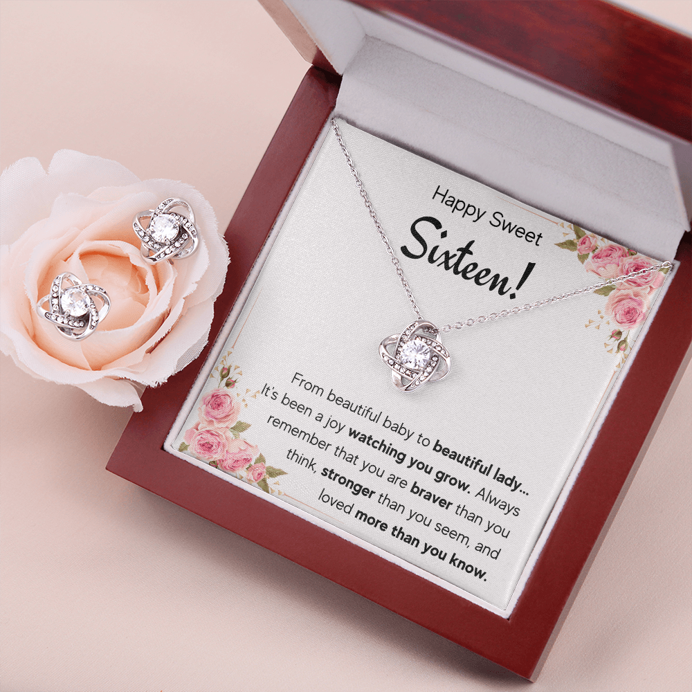 HAPPY SWEET SIXTEEN JOY LOVE KNOT NECKLACE AND EARRINGS SET