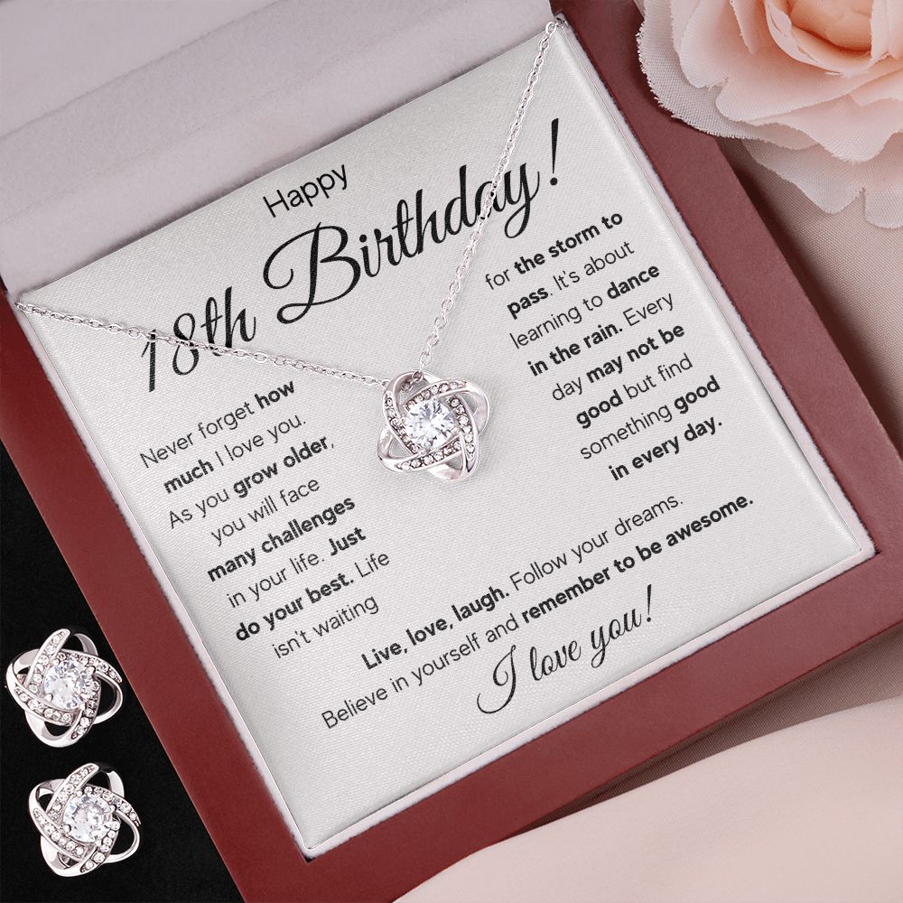 18TH BIRTHDAY STORM LOVE KNOT NECKLACE AND EARRINGS SET