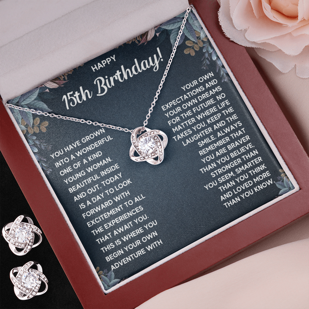 HAPPY 15TH BIRTHDAY DREAMS LOVE KNOT NECKLACE AND EARRINGS SET