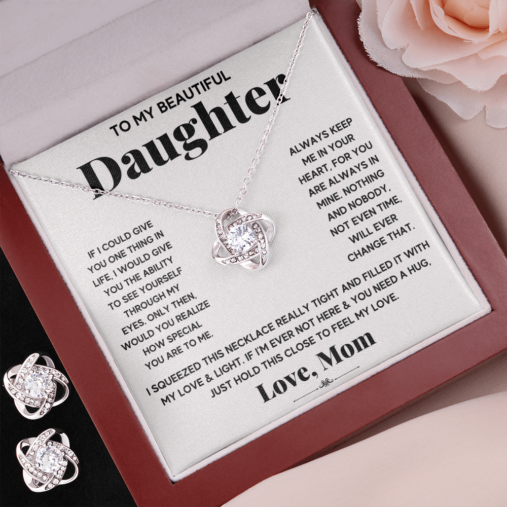 TO MY BEAUTIFUL DAUGHTER SQUEEZED LOVE KNOT NECKLACE AND EARRINGS