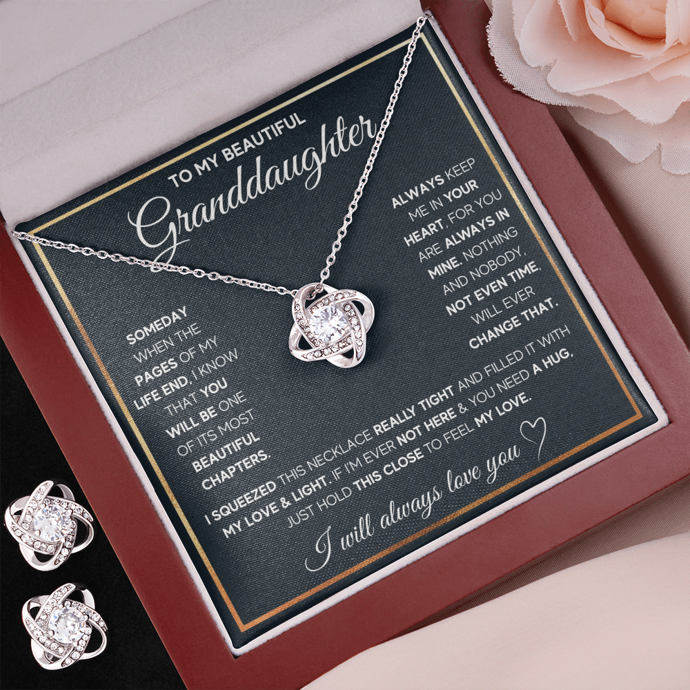 TO MY GRANDDAUGHTER SQUEEZED LOVE KNOT NECKLACE AND EARRINGS