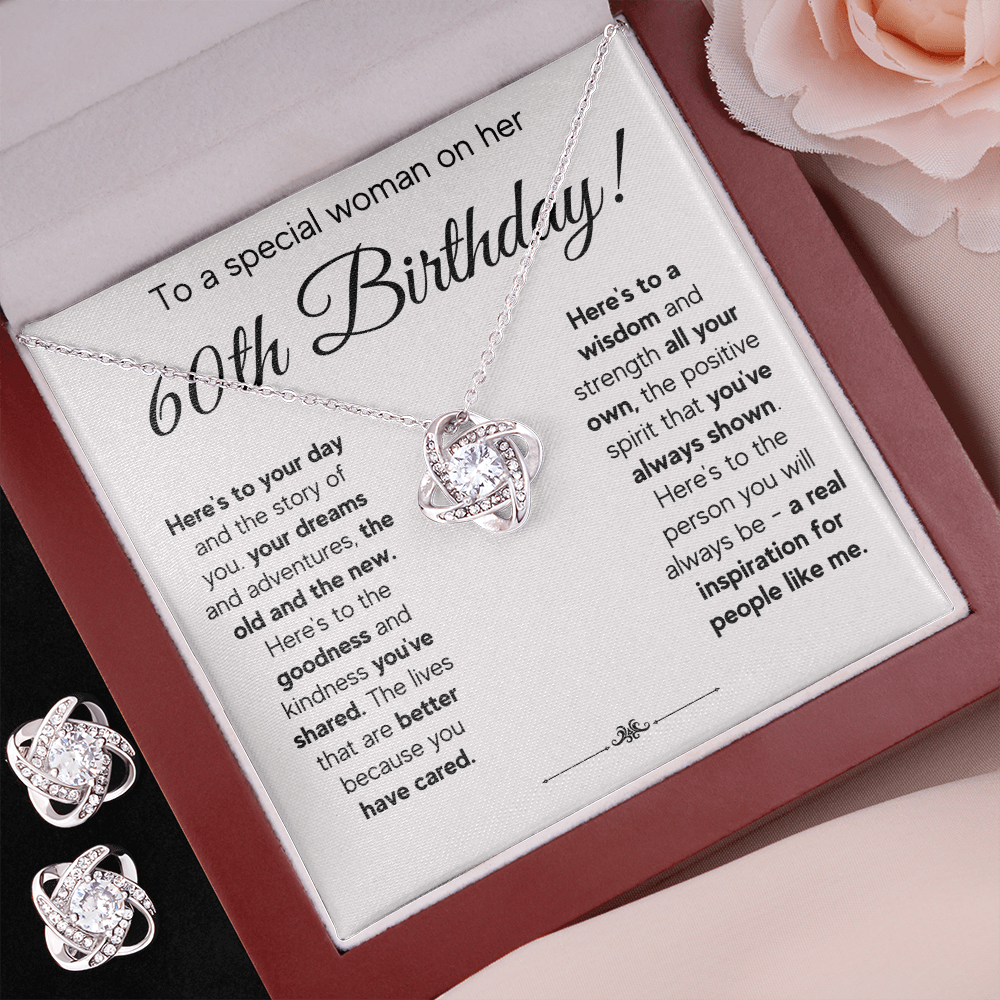 60TH BIRTHDAY WISDOM LOVE KNOT NECKLACE AND EARRINGS SET