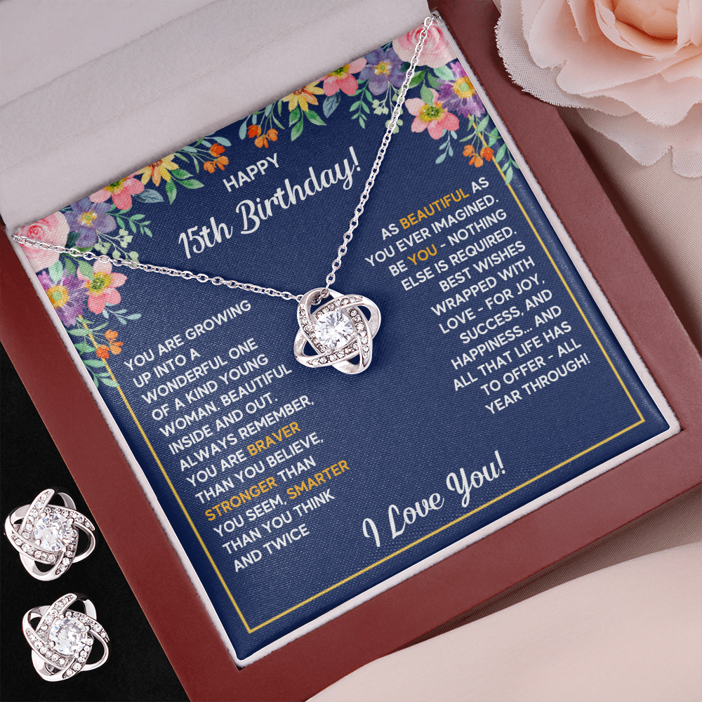 HAPPY 15TH BIRTHDAY WRAPPED LOVE KNOT NECKLACE AND EARRINGS SET