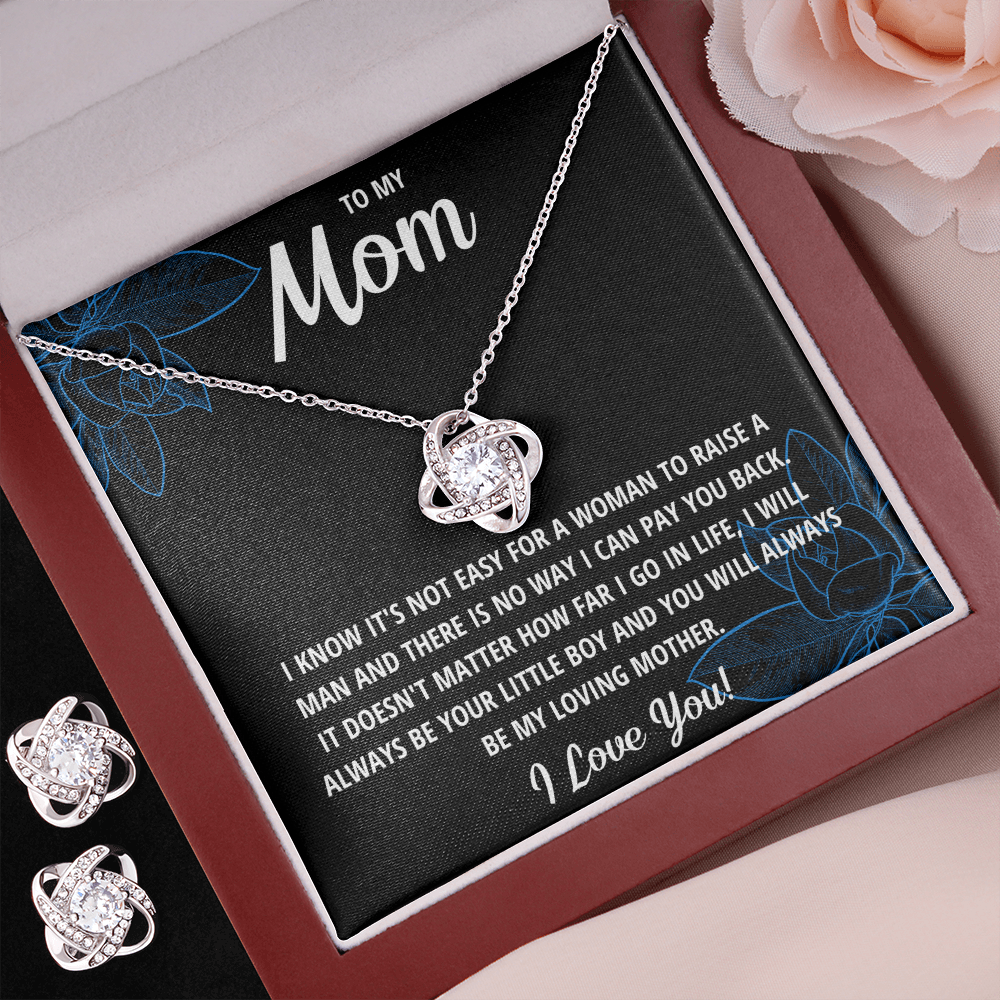 TO MY MOM LITTLE BOY BLACK LOVE KNOT NECKLACE AND EARRINGS SET