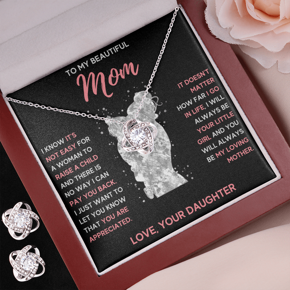 TO MY MOM LITTLE GIRL LOVE KNOT NECKLACE AND EARRINGS SET