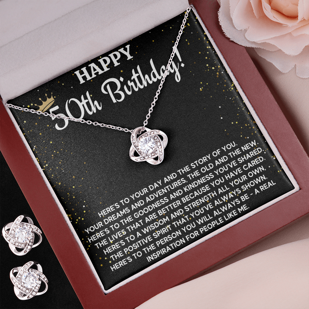 50TH BIRTHDAY WISDOM LOVE KNOT NECKLACE AND EARRINGS SET