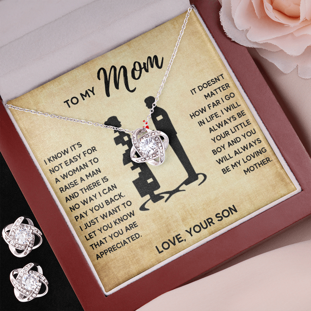 TO MY MOM LITTLE BOY LOVE KNOT NECKLACE AND EARRINGS SET