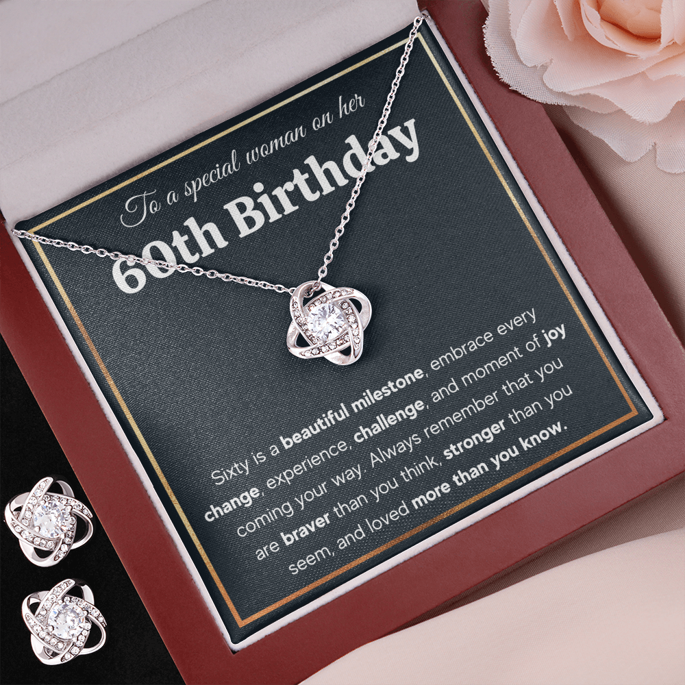 60TH BIRTHDAY MILESTONE LOVE KNOT NECKLACE AND EARRINGS SET