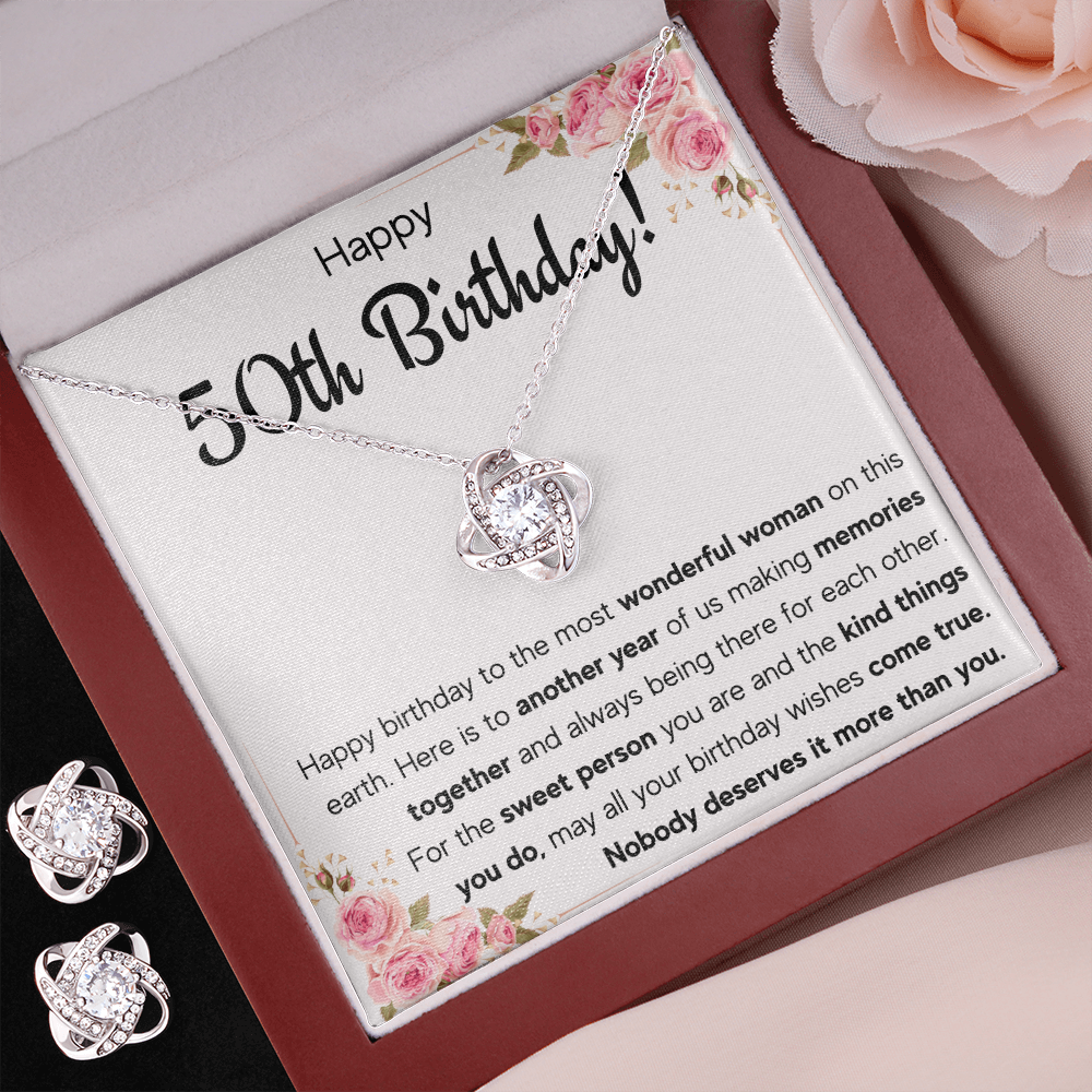 50TH BIRTHDAY MEMORIES LOVE KNOT NECKLACE AND EARRINGS SET