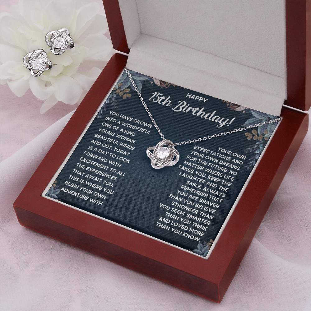 HAPPY 15TH BIRTHDAY DREAMS LOVE KNOT NECKLACE AND EARRINGS SET