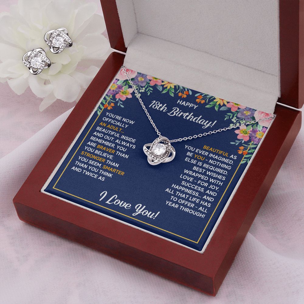 18TH BIRTHDAY WRAPPED LOVE KNOT NECKLACE AND EARRINGS SET